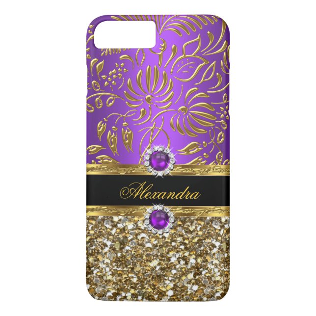 Elegant Blommig Lila Guld Damast Glitter Case-Mate iPhone Skal (Baksida)