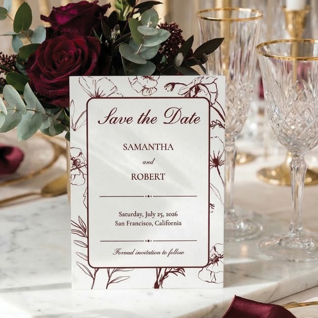 Elegant Blommig Linje Konst Bröllop Burundi Spara Datumet (Burgundy Floral Line Art Wedding Save the Date)