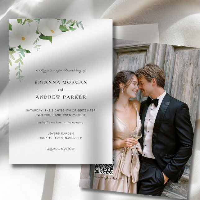 Elegant  Blommig Magnolia Bröllopsfoto QR-kod  Inbjudningar (Elegant Floral Magnolia Wedding Photo QR Code Invitation)