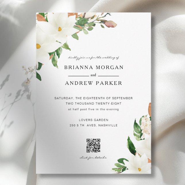 Elegant Blommig Magnolia QR-kod Bröllop Inbjudningar (Elegant Floral Magnolia QR Code Wedding Invitation)