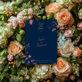 Elegant Blommig Marinblå & Roséguld Save the Date Inbjudningar