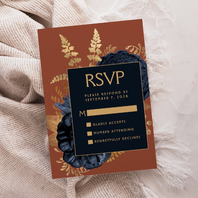 Elegant Blommig Marinblå Rost Guld Bröllop RSVP Tilläggskort (Skapare uppladdad)
