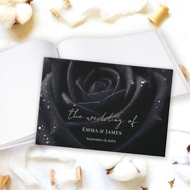 Elegant Blommig Midnattsros Svart & Vitt Bröllop Gästböcker (Skapare uppladdad)