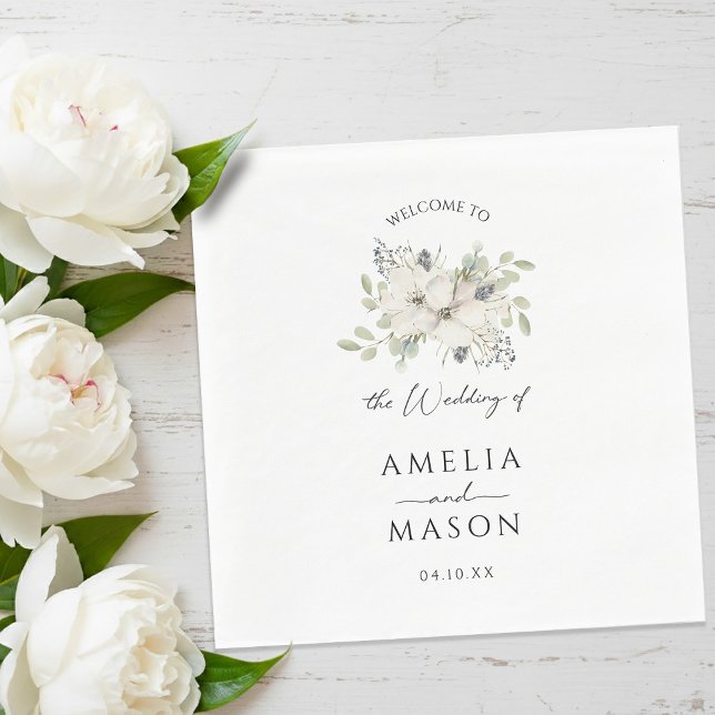 Elegant Blommig Minimal Vit Pappers Bröllop Pappersservett (Elegant Floral Minimal White Paper Wedding Napkins)