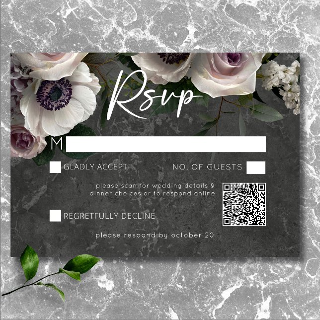 Elegant Blommig Modern Charcoalgrå Bröllops QR OSA Kort (Charcoal Gray Elegant Floral Modern Wedding QR RSVP Card)