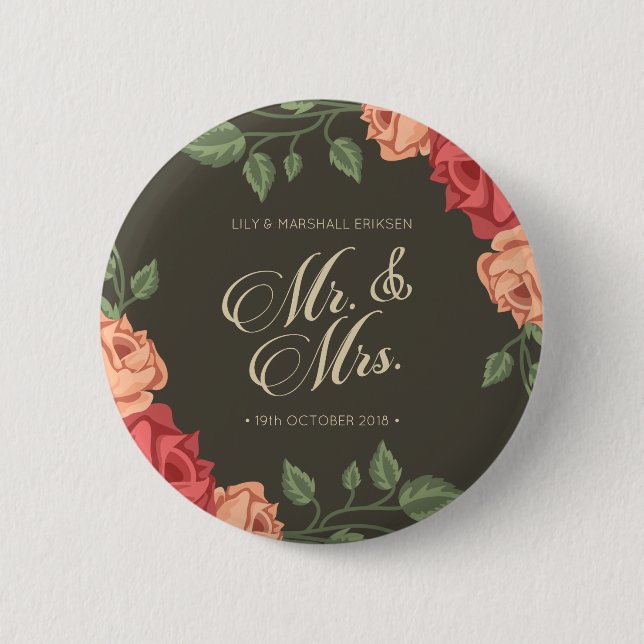 Elegant Blommig Mr & Mrs Bröllop | Pin knapp (Framsida)