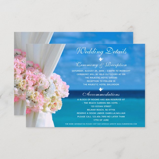 Elegant Blommig Ocean Strand Bröllopsdetaljkort Inbjudningar (Fram/baksida)