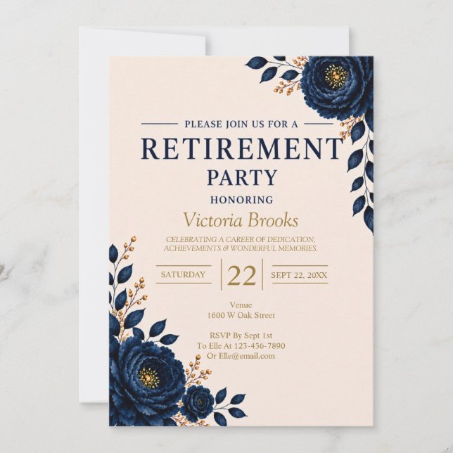 Elegant Blommig Pensionärsfest i Blått Inbjudningar (Framsida)