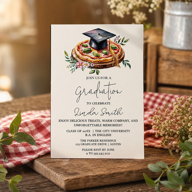 Elegant Blommig Pizza Examen Inbjudan (Elegant Floral Pizza Graduation Invitation #pizzaparty #zazzlemade #watercolorpizza #graduationparty)