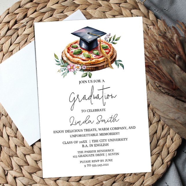 Elegant Blommig Pizza Examen Inbjudan (Elegant Floral Pizza Graduation Invitation #pizzaparty #zazzlemade #watercolorpizza #graduationparty)