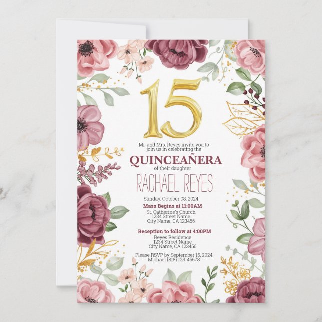 Elegant Blommig Quinceañera-inbjudan Mall (Framsida)