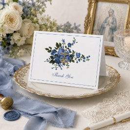 Elegant Blommig Religiös Bröllop Blå Tack Kort