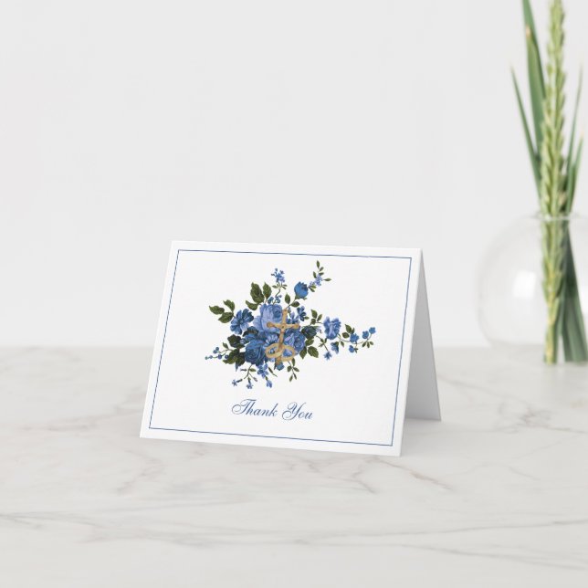 Elegant Blommig Religiös Bröllop i Blått  Tack Kort (Framsida)