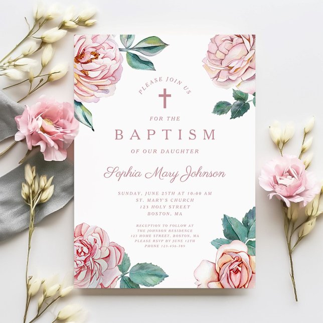 Elegant Blommig Religiös Kors Flicka Dop Inbjudningar (Floral Peonies Religious Cross Girl Baptism Invitation)