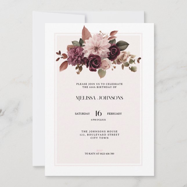 Elegant Blommig Rosa 60-års Födelsedagsinbjudan Inbjudningar (Framsida)