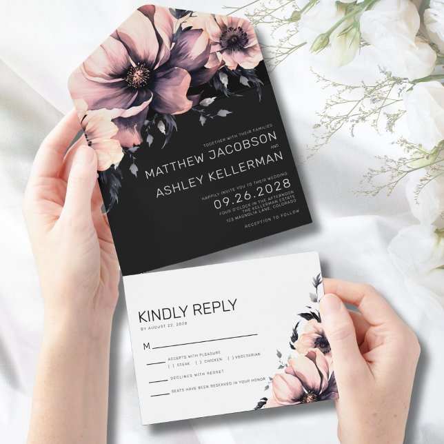 Elegant Blommig Rosa Bröllop (Modern Elegant Watercolor Floral Pink Wedding All in One Invitation)