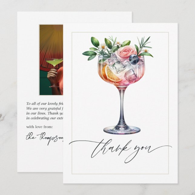 Elegant Blommig Rosa Cocktail Bröllopsdusch Foto Tack Kort (Fram/baksida)