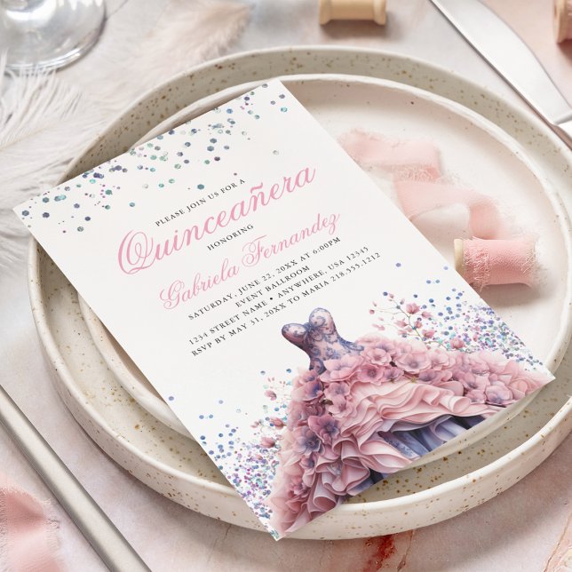 Elegant Blommig Rosa Klänning Quinceanera Inbjudningar (Skapare uppladdad)