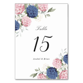 Elegant Blommig Rosa & Marinblå Hydrangea Bröllop Bordsnummer