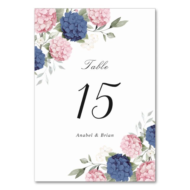 Elegant Blommig Rosa & Marinblå Hydrangea Bröllop Bordsnummer (Framsidan)