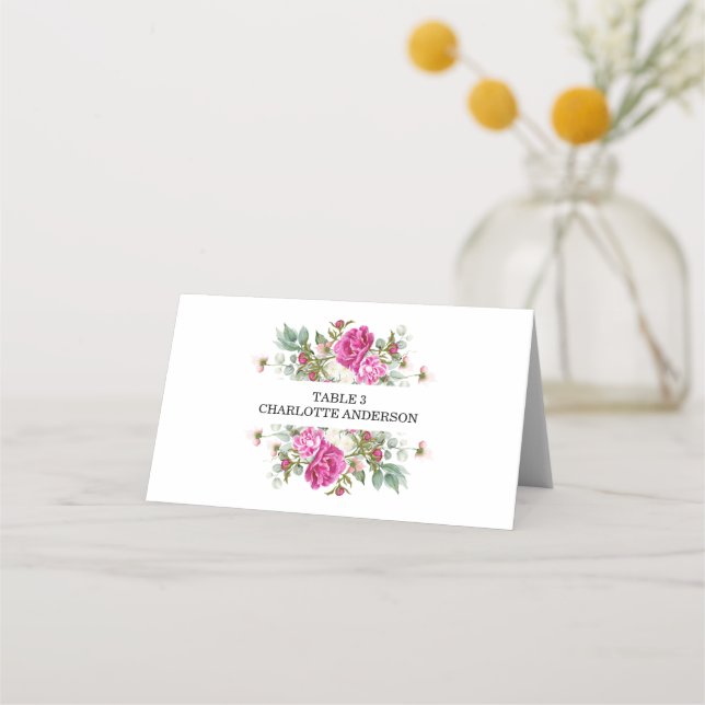 Elegant Blommig Rosa Peony Monogram Bröllop Placeringskort (Framsida)