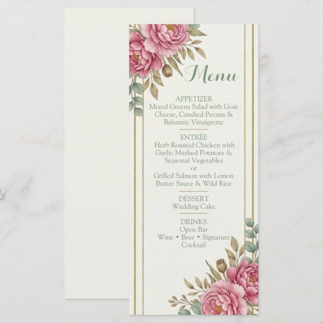 Elegant Blommig Rosa Ros Eukalyptus Bröllop Meny (Fram/baksida)