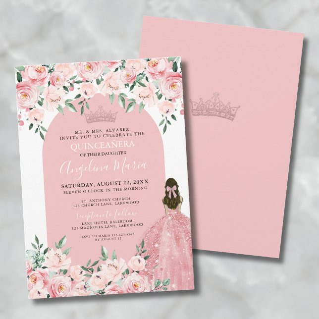 Elegant Blommig Rosor Rosaröd Quinceanera  Inbjudningar (15th Birthday Pink Floral Quinceanera Invitation)