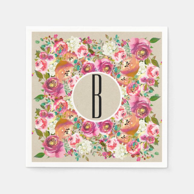 Elegant Blommig Rustik Chic Kraft Monogram Bröllop Pappersservett (Framsidan)