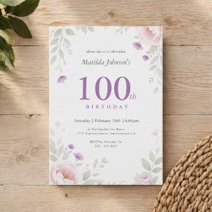 Elegant Blommig Salvia Lila 100-årsdag Inbjudningar