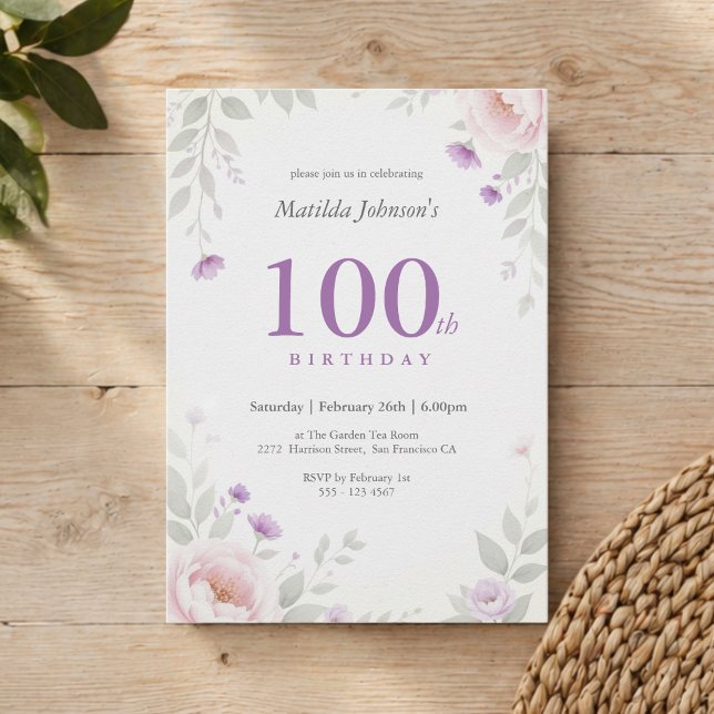 Elegant Blommig Salvia Lila 100-årsdag Inbjudningar (Elegant Floral Sage Purple 100th Birthday Invitation)