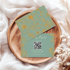 Elegant Blommig Salviagrön Guld QR-kod Bröllop OSA Kort