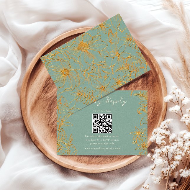 Elegant Blommig Salviagrön Guld QR-kod Bröllop OSA Kort (Skapare uppladdad)