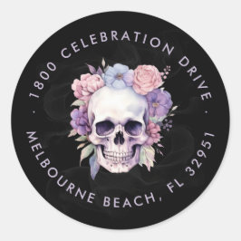 Elegant Blommig & Skalle Gotisk Returadress  Runt Klistermärke