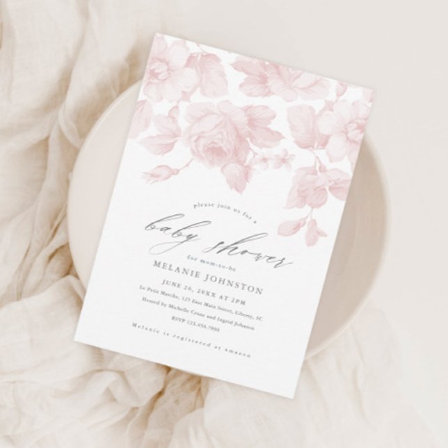 Elegant Blommig Skrift Rosa Bebis Shower Inbjudningar (Skapare uppladdad)