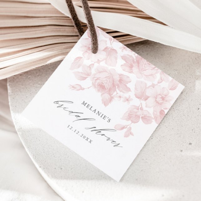 Elegant Blommig Skrift Rosa Bröllopsdusch Gåvor Etiketter (Elegant floral pink roses bridal shower favor tag.)