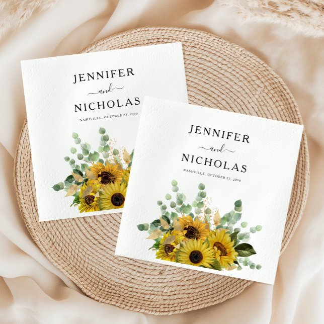 Elegant Blommig Solros Eukalyptus Bröllop Pappersservett (Elegant Floral Sunflower Eucalyptus Wedding Napkins)