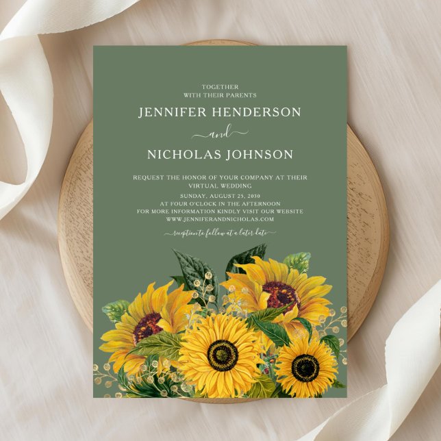Elegant Blommig Solros Virtuellt Bröllop Inbjudningar (Elegant Floral Sunflowers Virtual Wedding Invitation)