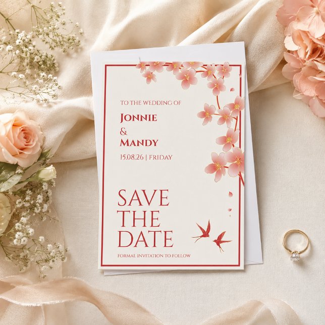 Elegant Blommig Spara-datum Bröllopskort OSA Kort (Elegant Cherry Blossom Save the Date Card with Romantic Oriental Wedding Style)