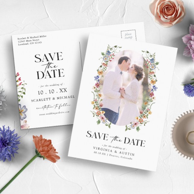 Elegant Blommig Spara Datumet Vykort (Colorful Wildflower Wedding Invitation and Gifts Collection by Painted Paperie
)