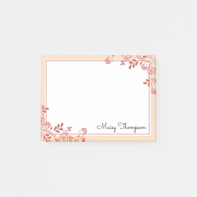 Elegant Blommig Spets Script Namn Post-it Block (Framsida)