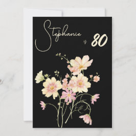 Elegant Blommig Svart 80-årsfirande Rose Gold-foli Inbjudningar