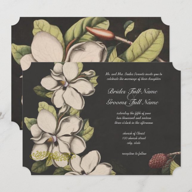 Elegant Blommig Svart Koppar Magnolia Bröllop Inbjudningar (Fram/baksida)