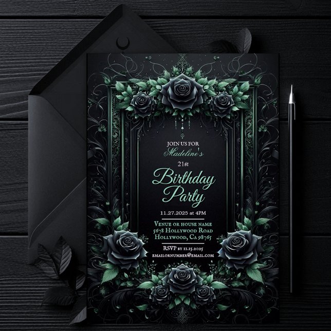 Elegant Blommig Svart och Grön Festinbjudan Inbjudningar (gothic dark moody invitation, green and black floral roses invite, dark fantasy wedding bridal party)
