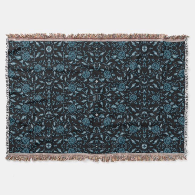 Elegant Blommig Svart och Turkos Damask Filt (Framsidan)