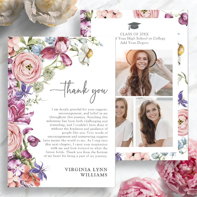Elegant Blommig Tacksamhetskort för Examenfoton Tack Kort (Elegant Floral Watercolor Graduation Photo Thank You Card by Painted Paperie
)