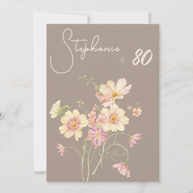 Elegant Blommig Taupe Rosa 80-årsfirande Inbjudningar (Framsida)