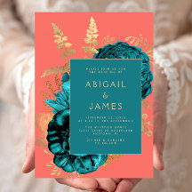 Elegant Blommig Tealblå Korallgul Bröllop
