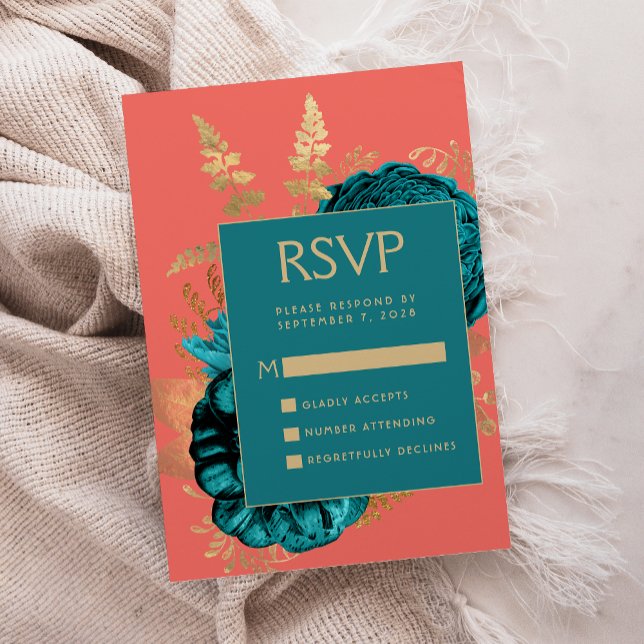 Elegant Blommig Tealblå Korallguld Bröllop RSVP Tilläggskort (Skapare uppladdad)