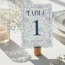 Elegant Blommig Toile Script Blå Bröllop Bordsnummer
