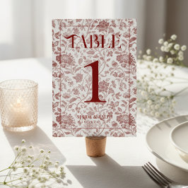 Elegant Blommig Toile Script Röd Bröllops Bordsnummer